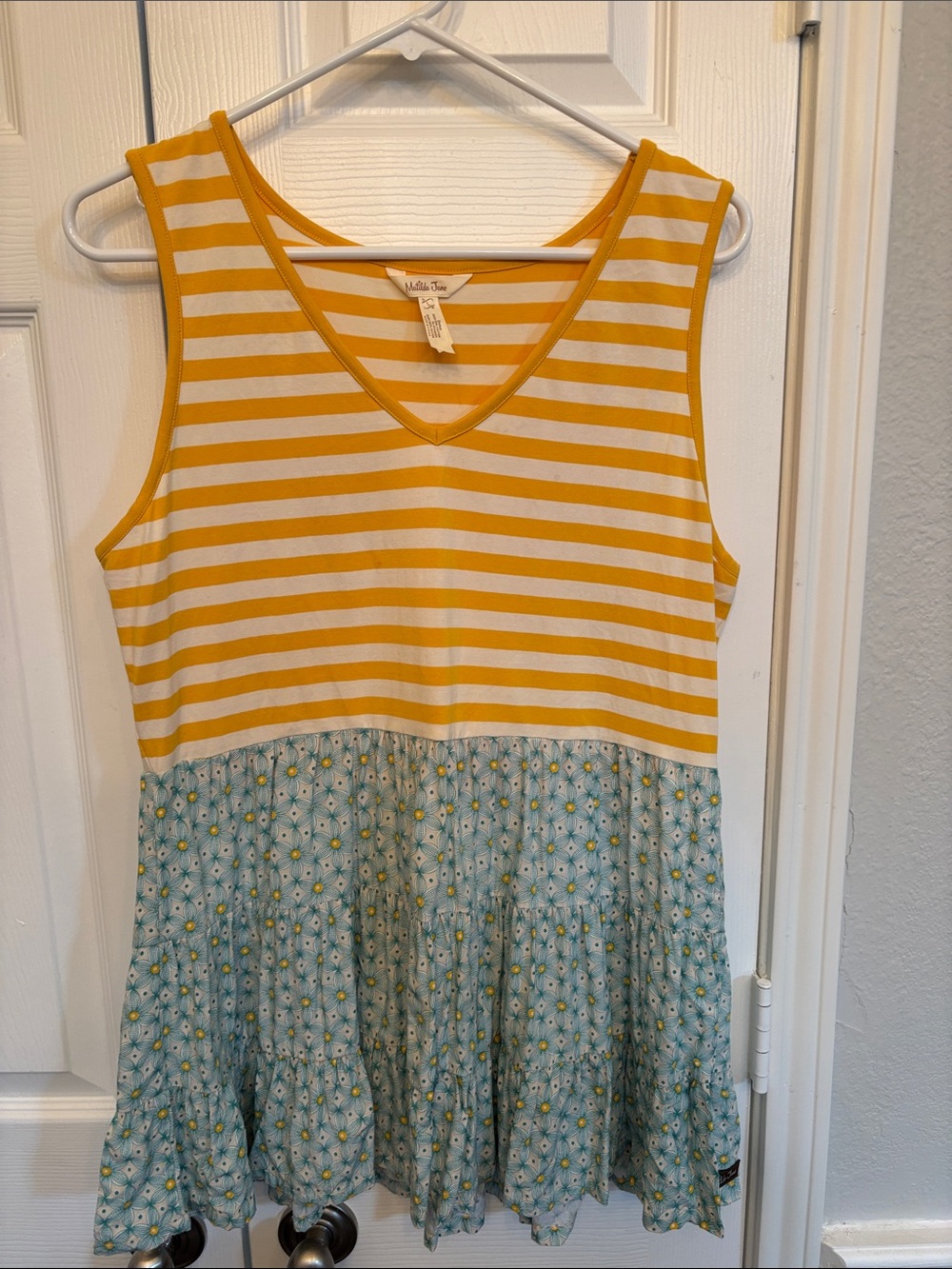 Matilda Jane Yellow-White Striped Bodice with Light Blue Daisy Tiered Skirt